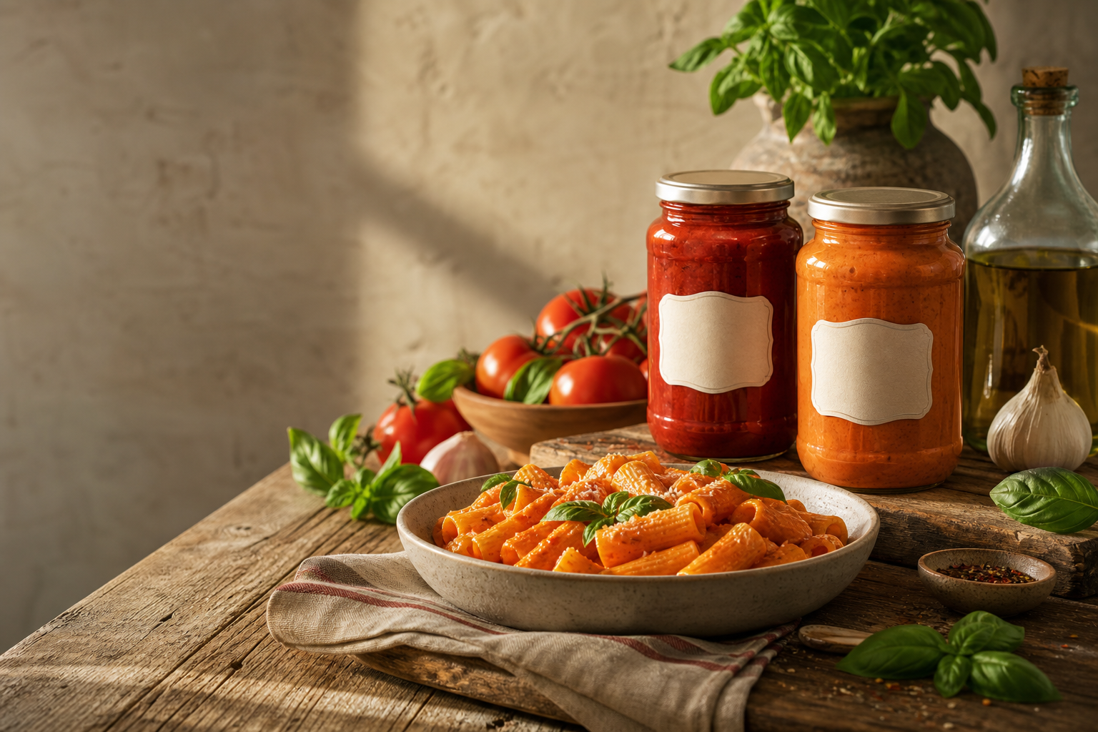 A bowl of rigatoni alla vodka beside jars of Della Nonna Pina Vodka Sauce and Marinara, styled with fresh tomatoes, basil, garlic, and olive oil
